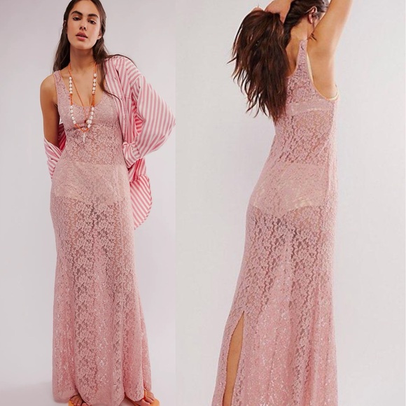 Free People Dresses & Skirts - FREE PEOPLE Feeling For Lace Pink Maxi Slip Dress NEW